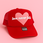 Love Never Fails | Youth + Adult Trucker Hat-Women - Accessories - Hats-Sister Shirts-Sister Shirts, Cute & Custom Tees for Mama & Littles in Trussville, Alabama.