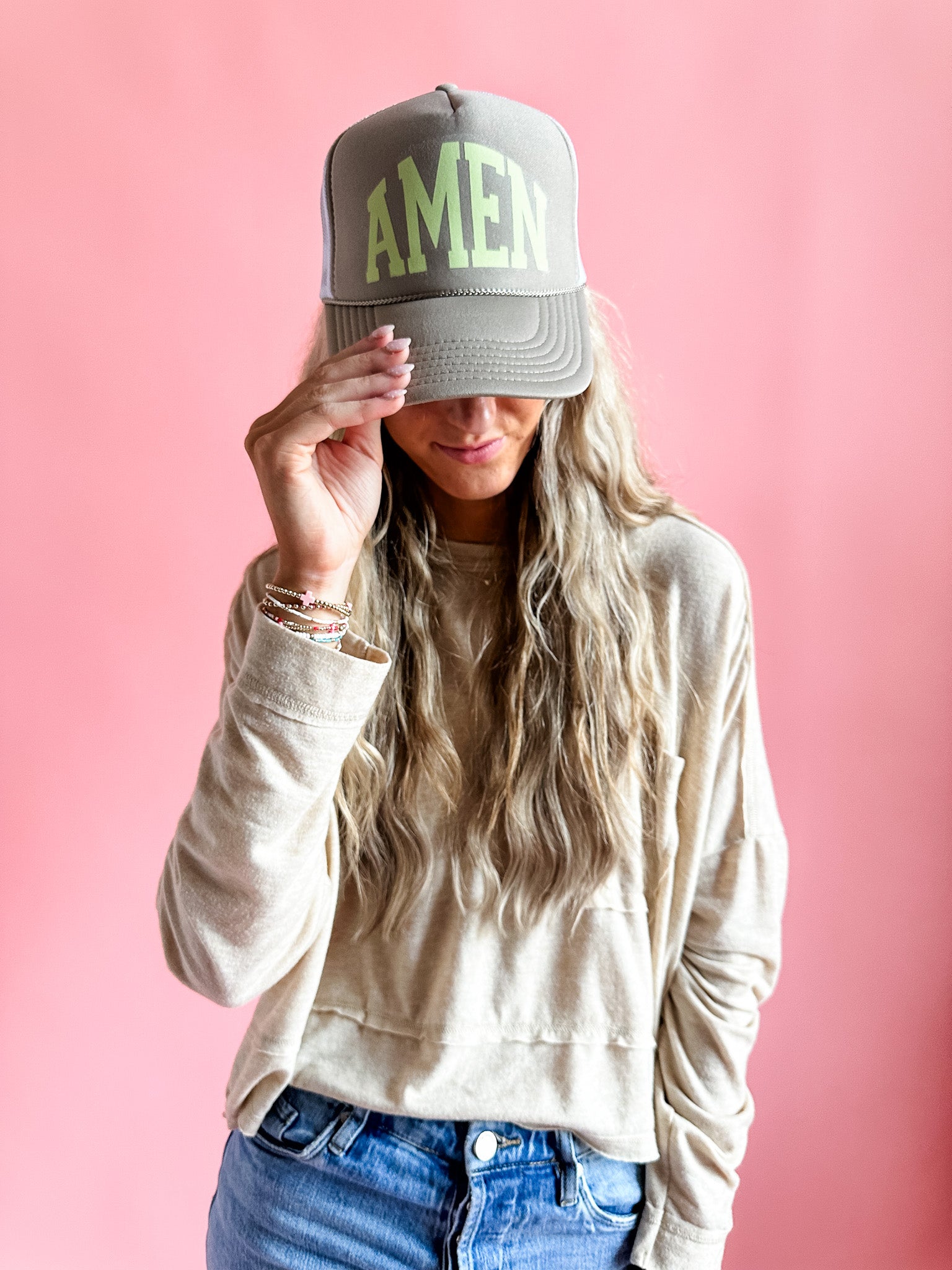 Can I Get an Amen? in Tan | Adult Trucker Hat-Women - Accessories - Hats-Sister Shirts-Sister Shirts, Cute & Custom Tees for Mama & Littles in Trussville, Alabama.