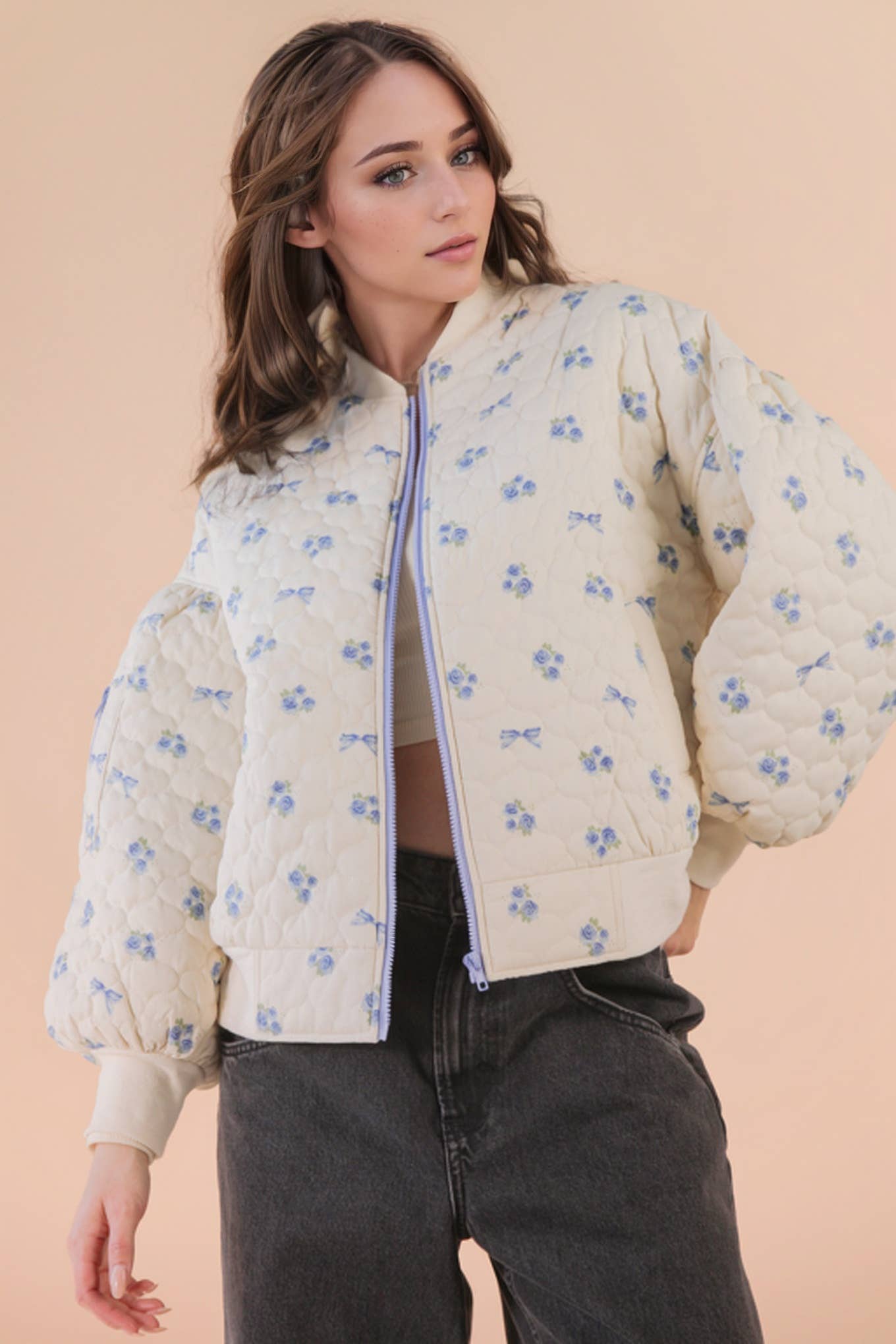 Floral Quilted Oversized Jacket in Blue-Women - Outerwear - Jackets-VERY J-Sister Shirts, Cute & Custom Tees for Mama & Littles in Trussville, Alabama.