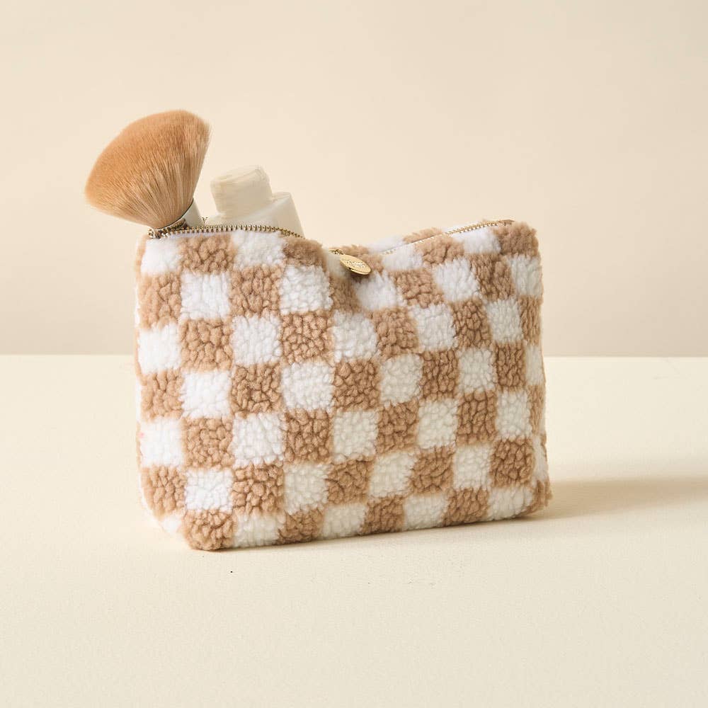 Checkered Teddy | Tan Pouch Medium-Women - Bags - Beauty-The Darling Effect-Sister Shirts, Cute & Custom Tees for Mama & Littles in Trussville, Alabama.