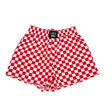 Checkered Boxer Shorts | Red-women - bottoms - shorts-Girlie Girl Originals-Sister Shirts, Cute & Custom Tees for Mama & Littles in Trussville, Alabama.