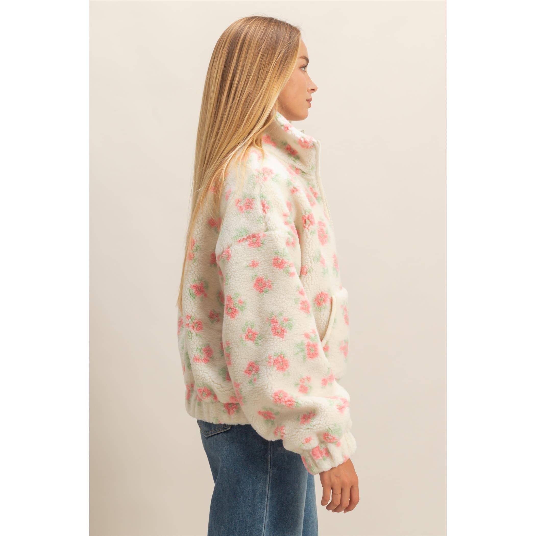 Blossom Cozy Floral Sherpa Jacket in Pink-Women - Outerwear - Jackets-HYFVE-Sister Shirts, Cute & Custom Tees for Mama & Littles in Trussville, Alabama.