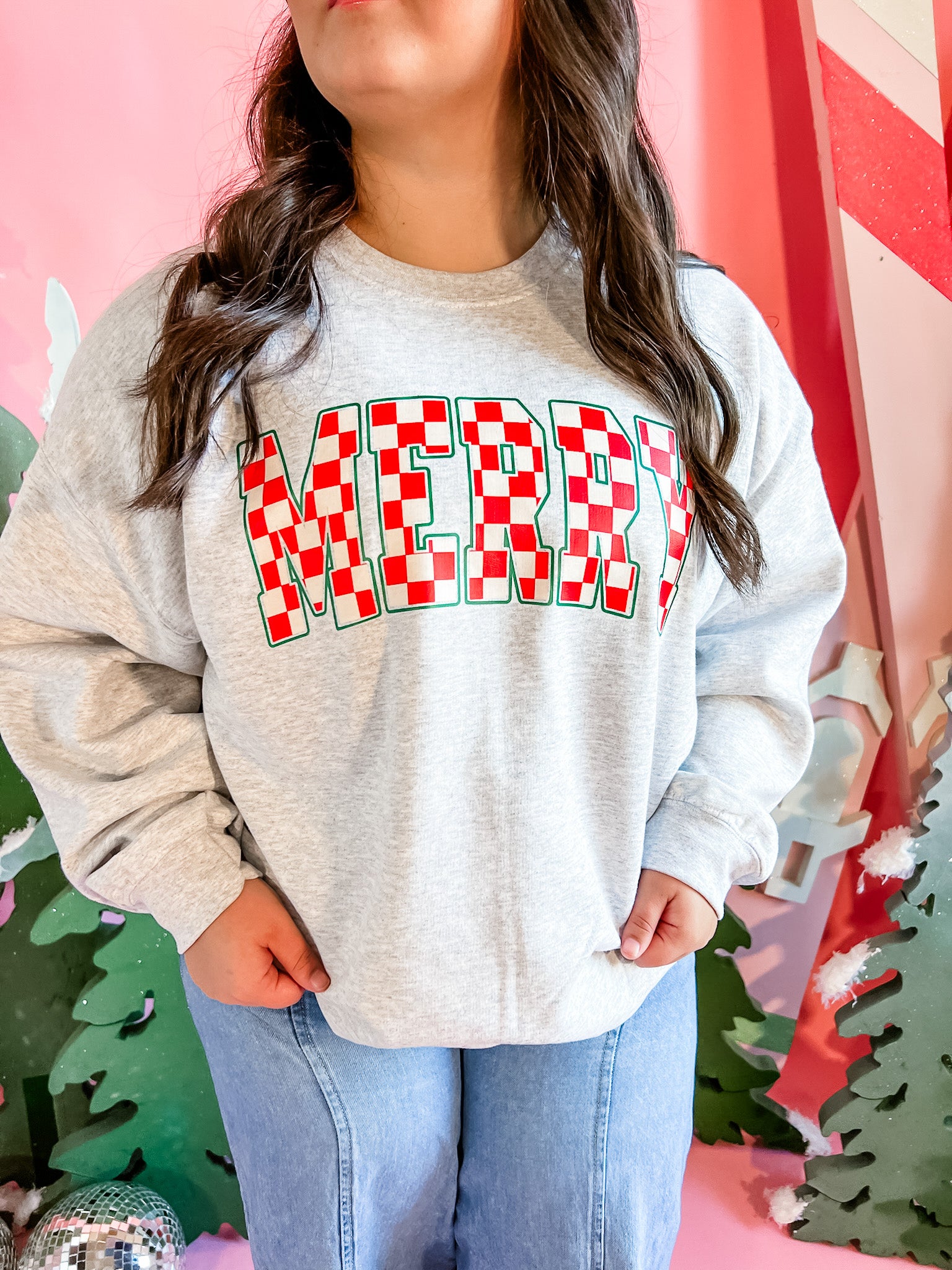 Checkered Merry | Adult Crewneck-Women - Tops - Crewnecks-Sister Shirts-Sister Shirts, Cute & Custom Tees for Mama & Littles in Trussville, Alabama.