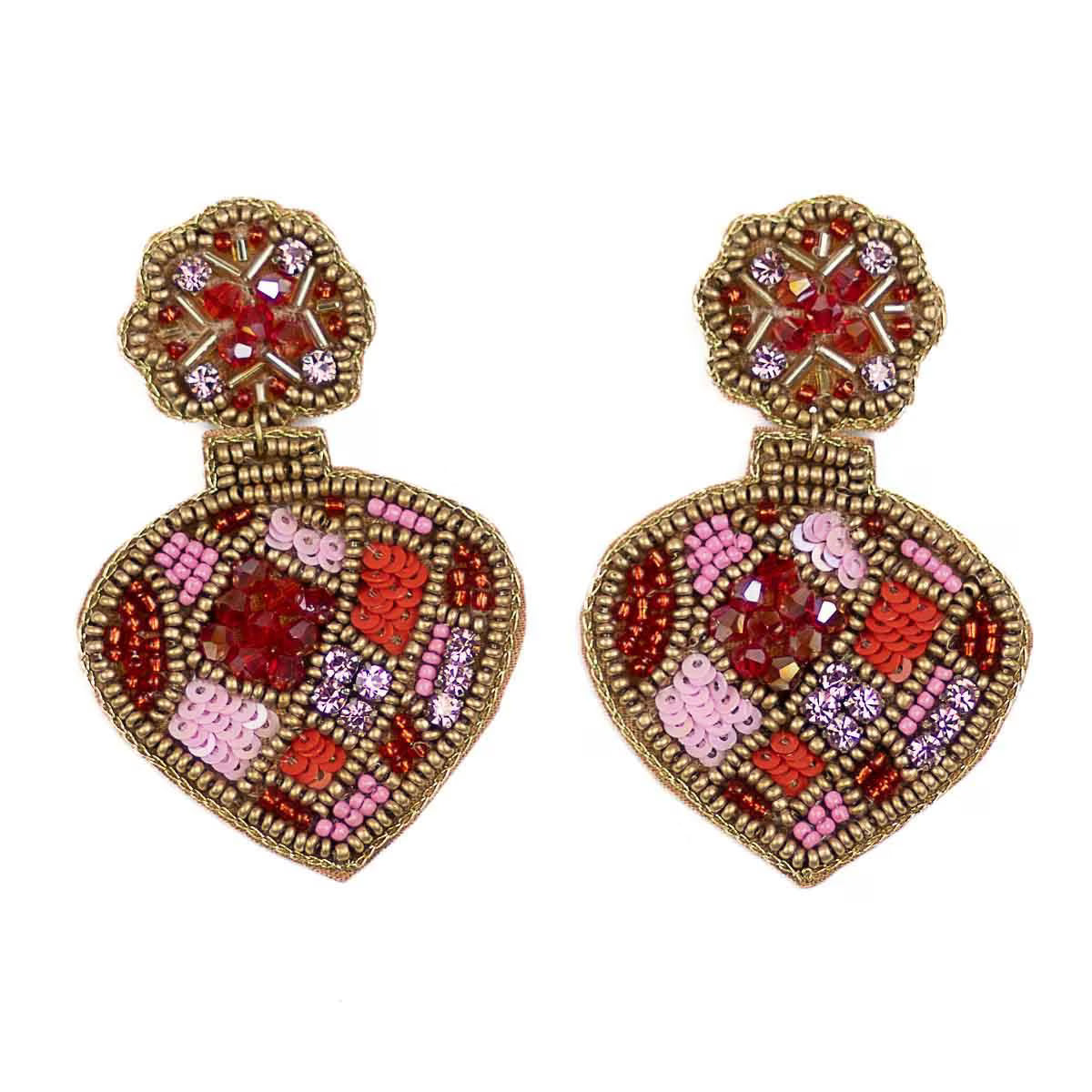 Beaded Cheer earrings from Sister Shirts featuring pink, red, and gold beads in a festive, playful design.