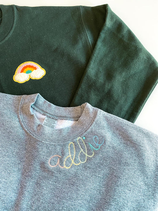 Embroidered Rainbow Name | Pullover | Kids-Kids Pullovers-Sister Shirts-Sister Shirts, Cute & Custom Tees for Mama & Littles in Trussville, Alabama.