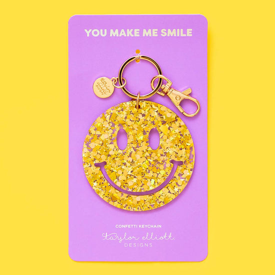 Gold Confetti Smiley Keychain-Keychains-Taylor Elliott Designs-Sister Shirts, Cute & Custom Tees for Mama & Littles in Trussville, Alabama.