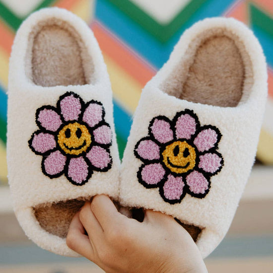 Lavender Daisy Happy Face Open Toed Slippers-Slippers-Katydid-Sister Shirts, Cute & Custom Tees for Mama & Littles in Trussville, Alabama.