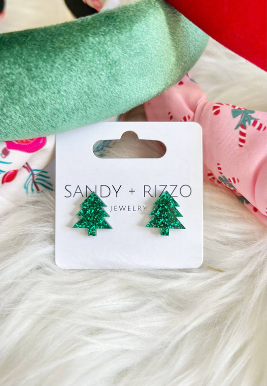 Green Glitter Christmas Tree Stud-Earrings-Sandy + Rizzo-Sister Shirts, Cute & Custom Tees for Mama & Littles in Trussville, Alabama.