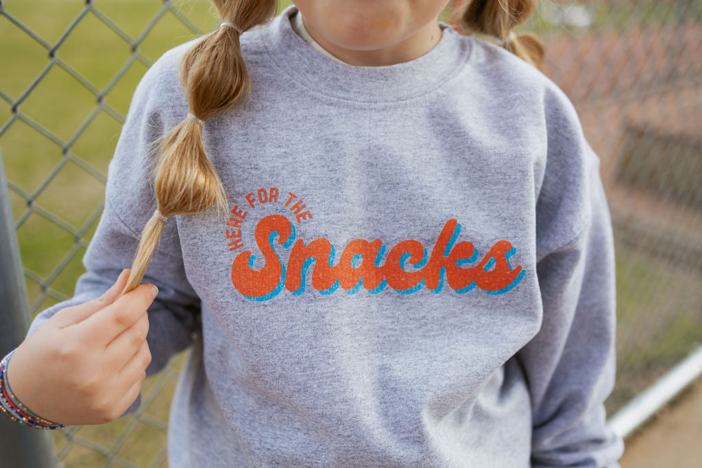 Here For The Snacks Baseball | Kids Crewneck-Youth - Tops - Sweatshirts-Sister Shirts-Sister Shirts, Cute & Custom Tees for Mama & Littles in Trussville, Alabama.